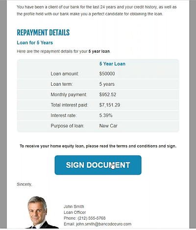 Email personnalisé avant la signature du document