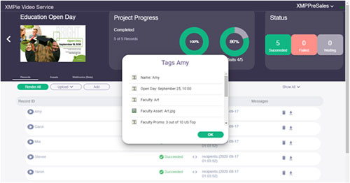Interface utilisateur de la plateforme Cloud XMPie Video Service