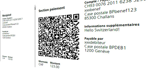 Vue d'une QR-facture créée manuellement avec le générateur de PostFinance
