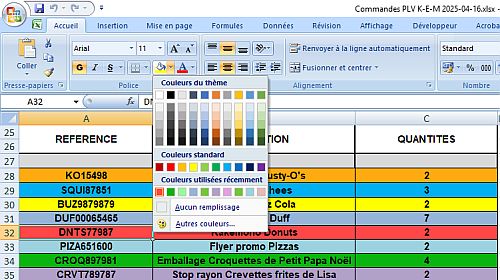 Fichier Excel de commande avec cellules colorées