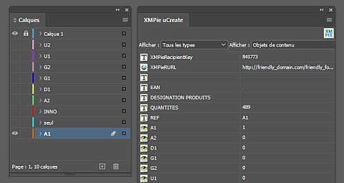L'ancien document InDesign avec sa myriade de calques et les objets de contenu XMPie associés
