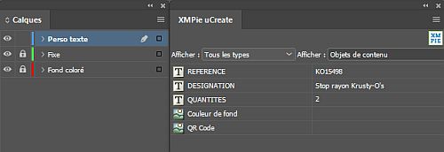 Le nouveau document InDesign avec évidemment bien moins de calques et d'objets de contenu XMPie associés