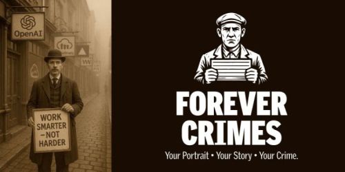 Un criminel façon ère victorienne entouré de pancartes IA