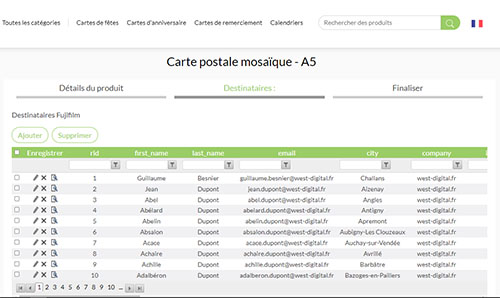 Base de données vue dans l'application d'impression en ligne XMPie StoreFlow