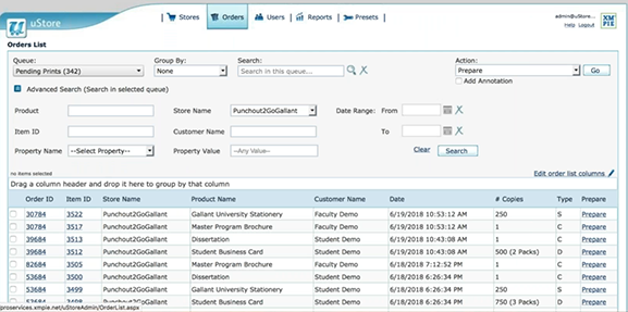 Commande ERP dans l'application XMPie